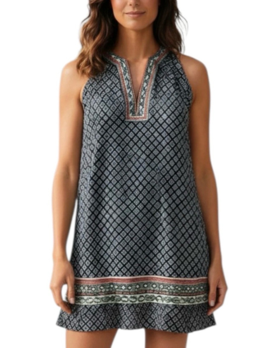 THML Brand Faye Boho Mini Shift Dress Dark Blue Geometric Print Embroidered Navy